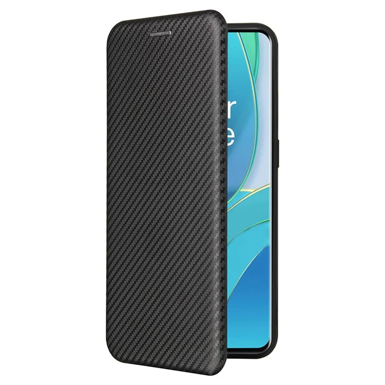 Für OnePlus 9 (EU / US Version) Kohlefaser-Magnetische Saugnapf Leder Schale mit Kartenfach - Schwarz