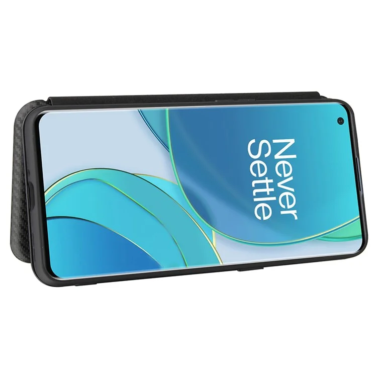 Für OnePlus 9 (EU / US Version) Kohlefaser-Magnetische Saugnapf Leder Schale mit Kartenfach - Schwarz