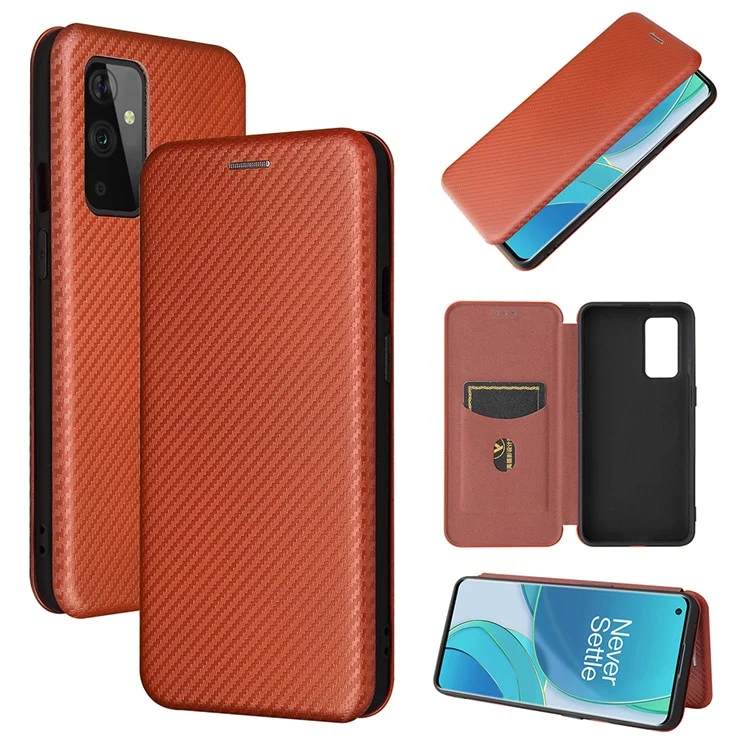 For OnePlus 9 (EU / US Version) Carbon Fiber Magnetic Suction Leather Shell with Card Holder - Brown