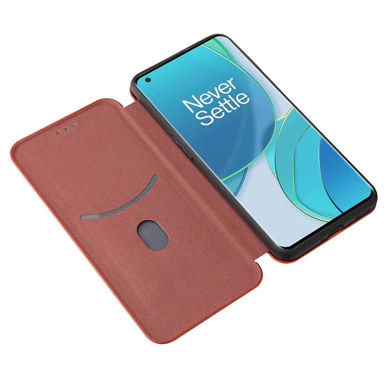 For OnePlus 9 (EU / US Version) Carbon Fiber Magnetic Suction Leather Shell with Card Holder - Brown