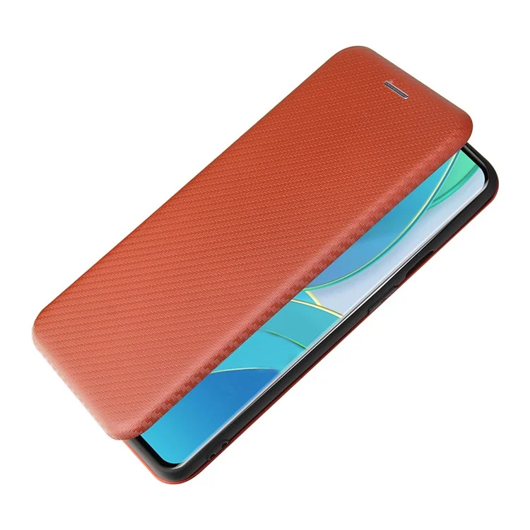 For OnePlus 9 (EU / US Version) Carbon Fiber Magnetic Suction Leather Shell with Card Holder - Brown
