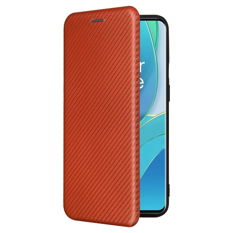 For OnePlus 9 (EU / US Version) Carbon Fiber Magnetic Suction Leather Shell with Card Holder - Brown