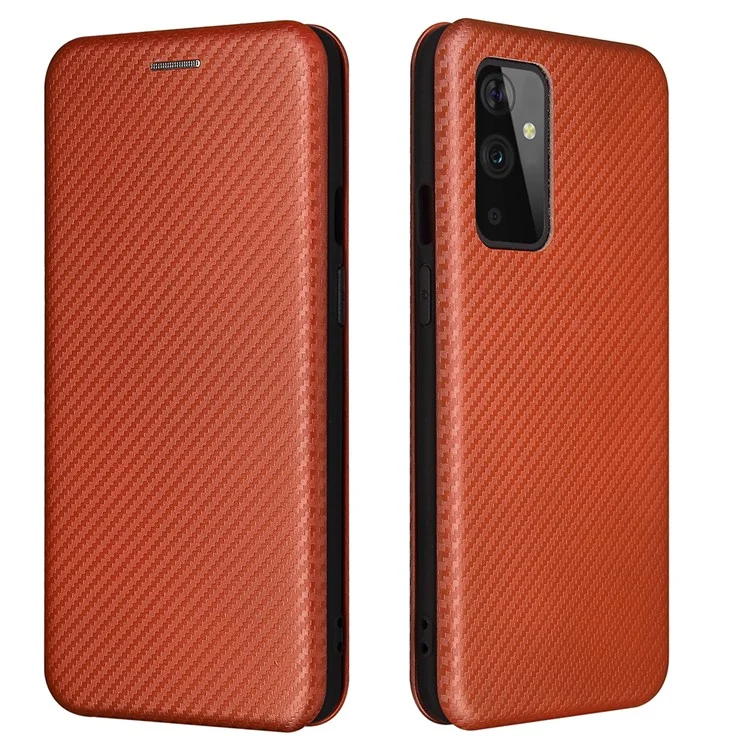 For OnePlus 9 (EU / US Version) Carbon Fiber Magnetic Suction Leather Shell with Card Holder - Brown