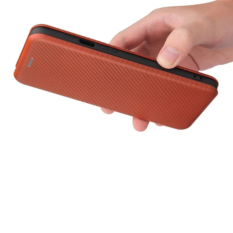 For OnePlus 9 (EU / US Version) Carbon Fiber Magnetic Suction Leather Shell with Card Holder - Brown