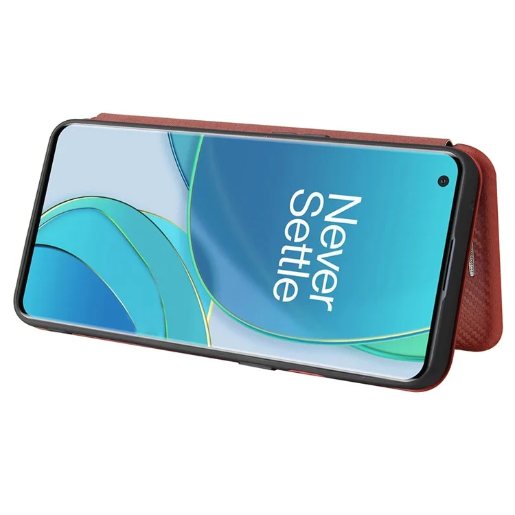 For OnePlus 9 (EU / US Version) Carbon Fiber Magnetic Suction Leather Shell with Card Holder - Brown