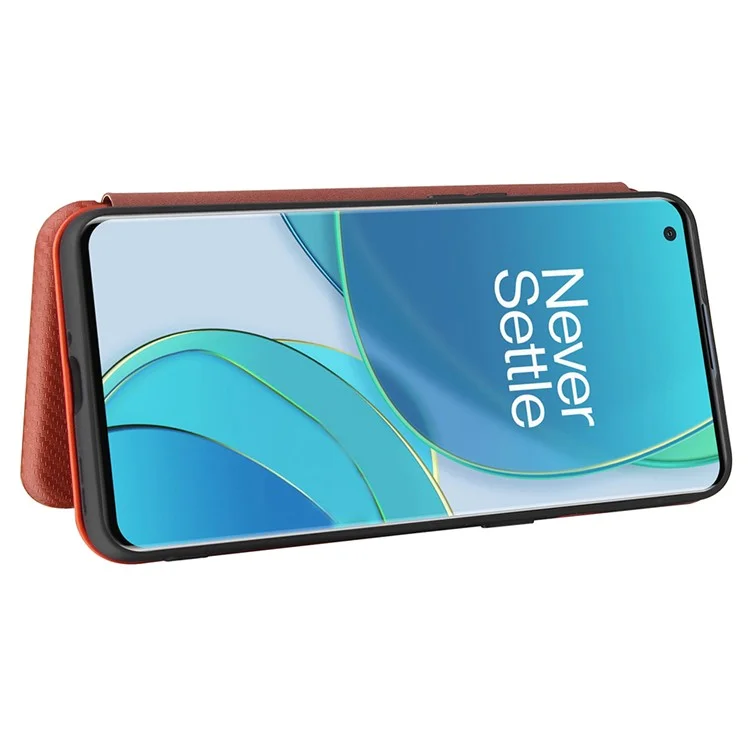 For OnePlus 9 (EU / US Version) Carbon Fiber Magnetic Suction Leather Shell with Card Holder - Brown