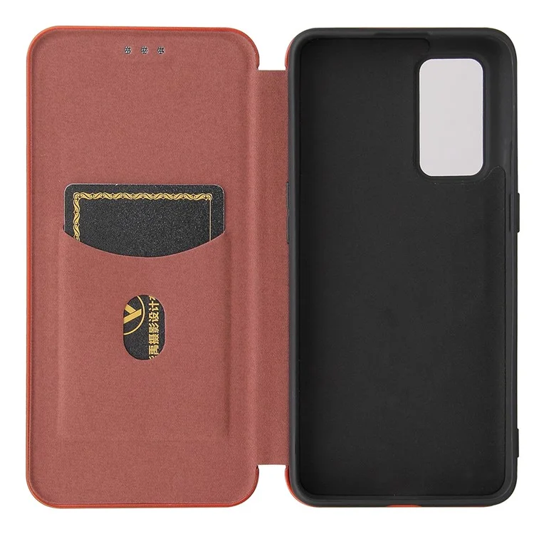 For OnePlus 9 (EU / US Version) Carbon Fiber Magnetic Suction Leather Shell with Card Holder - Brown
