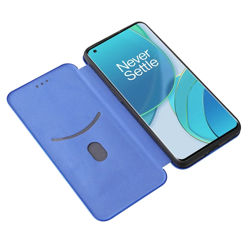 For OnePlus 9 (EU / US Version) Carbon Fiber Magnetic Suction Leather Shell with Card Holder - Blue