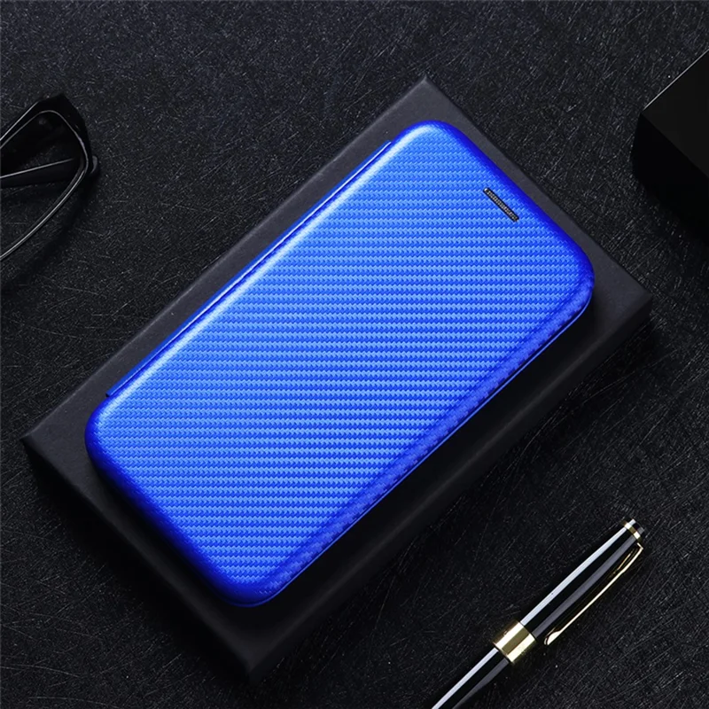 For OnePlus 9 (EU / US Version) Carbon Fiber Magnetic Suction Leather Shell with Card Holder - Blue