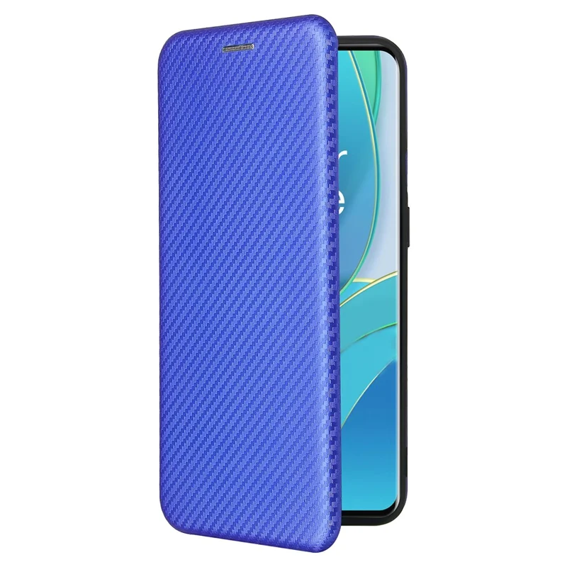 For OnePlus 9 (EU / US Version) Carbon Fiber Magnetic Suction Leather Shell with Card Holder - Blue