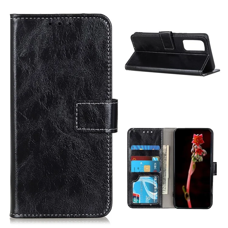 Retro Style Crazy Horse Texture Leather Phone Cover with Wallet Stand Design for OnePlus 9 Pro - Black