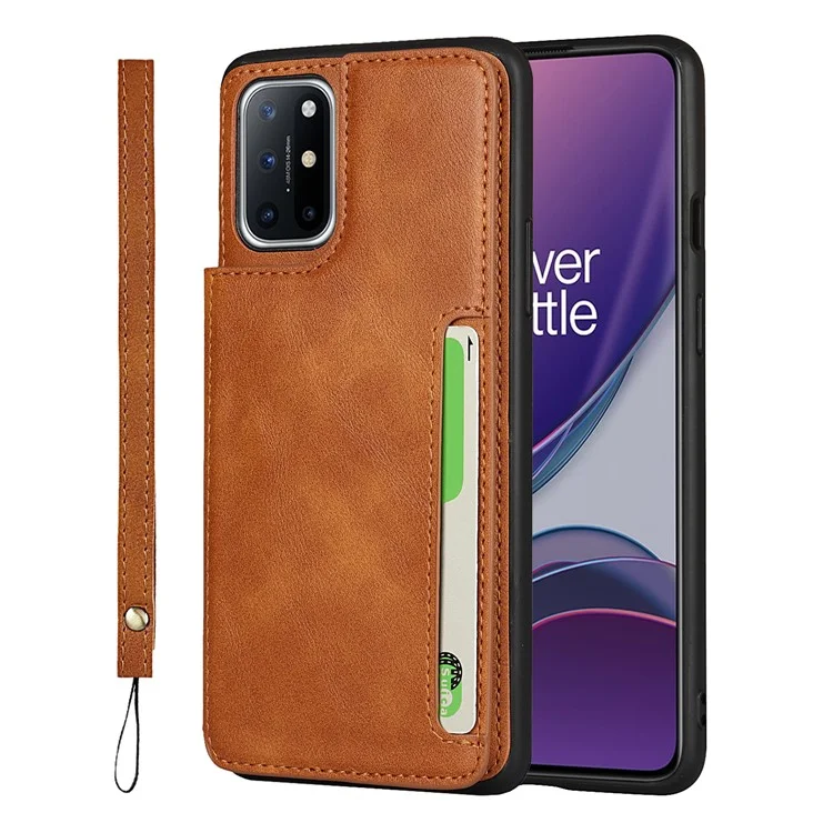 For OnePlus 8T Button Flip PU Leather Coated TPU Wallet Phone Cover Case - Brown