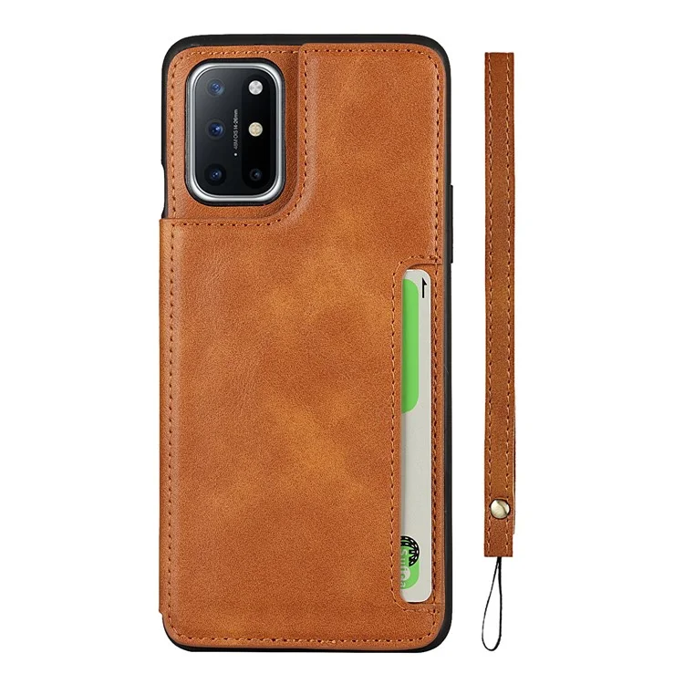 For OnePlus 8T Button Flip PU Leather Coated TPU Wallet Phone Cover Case - Brown