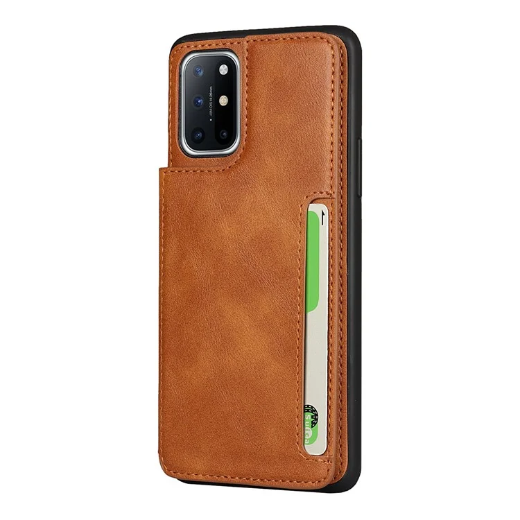 For OnePlus 8T Button Flip PU Leather Coated TPU Wallet Phone Cover Case - Brown