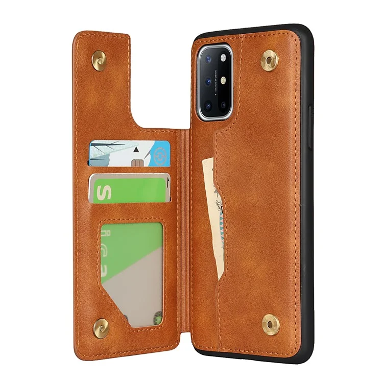 For OnePlus 8T Button Flip PU Leather Coated TPU Wallet Phone Cover Case - Brown