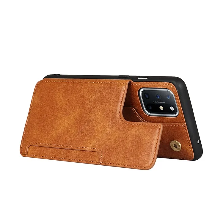 For OnePlus 8T Button Flip PU Leather Coated TPU Wallet Phone Cover Case - Brown