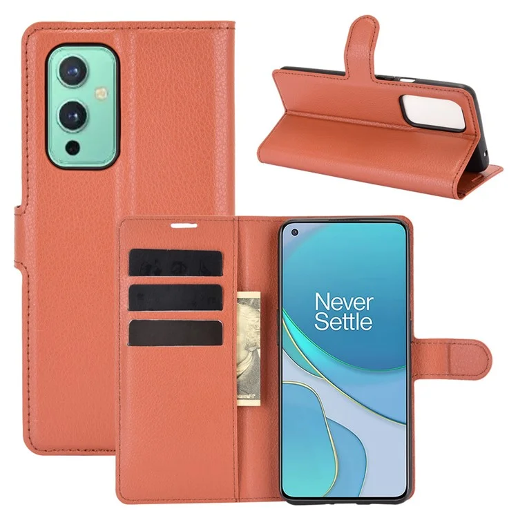 Custodia Portafoglio in Pelle Texture Litchi Design per OnePlus 9 (Versione UE / USA) - Marrone