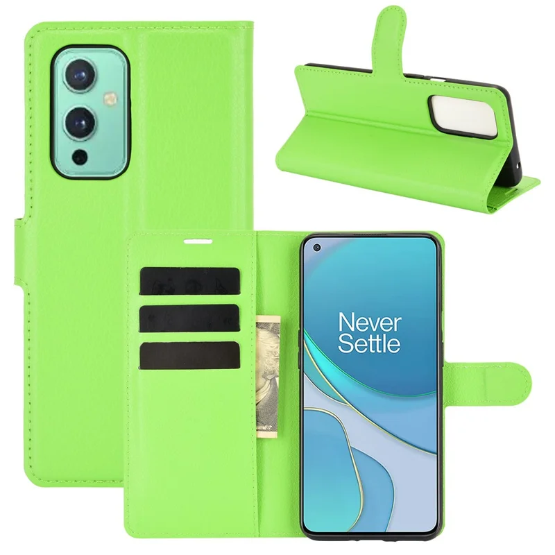 Wallet Design Litchi Texture Leather Phone Stand Cover Protector for OnePlus 9 (EU / US Version) - Green