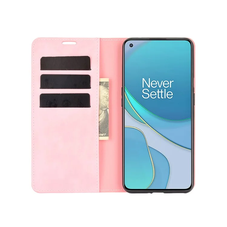 Automatisch Absorbiertes Brieftasche Ständer Design Soft-Touch-Feelder-Lederabdeckung Für OnePlus 9 (EU / US Version) - Rosa