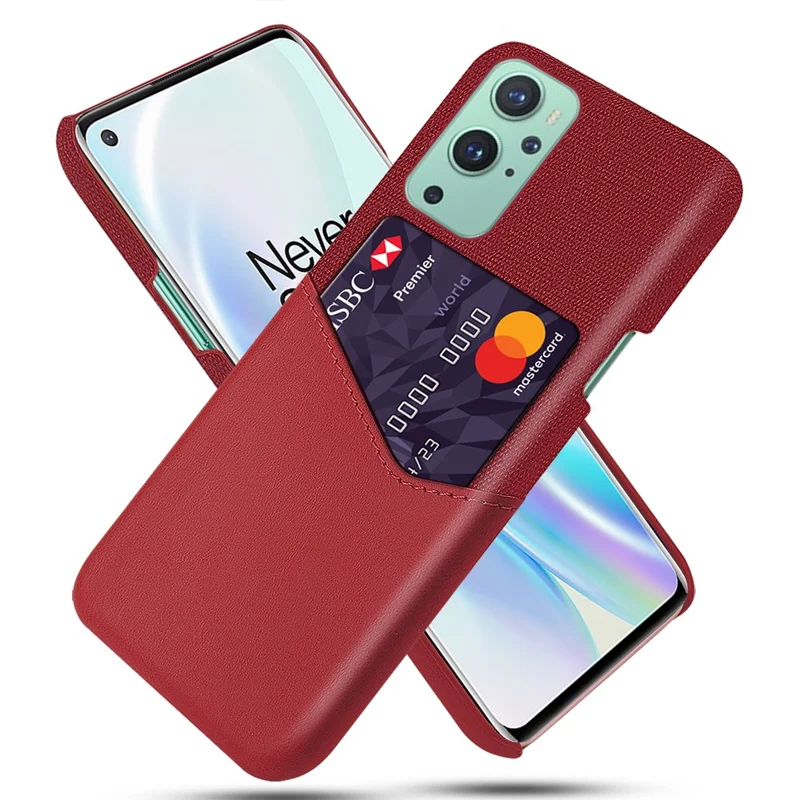 KSQ Card Holder Cloth + PU Leather Coated PC Back Cover for OnePlus 9 (EU / US Version) - Red