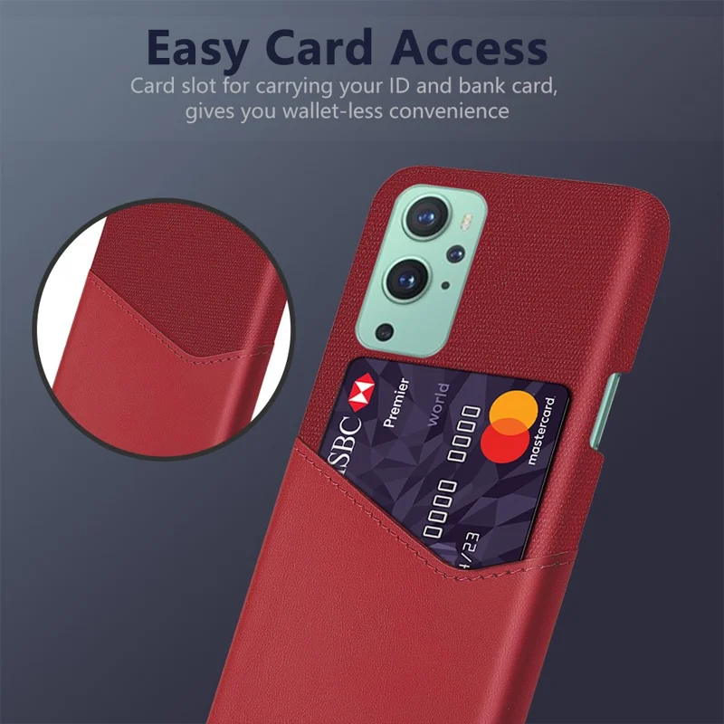 KSQ Card Holder Cloth + PU Leather Coated PC Back Cover for OnePlus 9 (EU / US Version) - Red