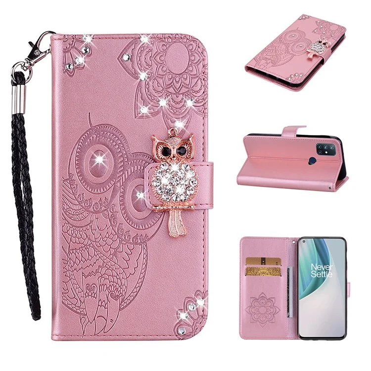Cartera de cuero con soporte de decoración de Rhinestone de Owl Imprint para OnePlus Nord N10 5G - Oro rosa