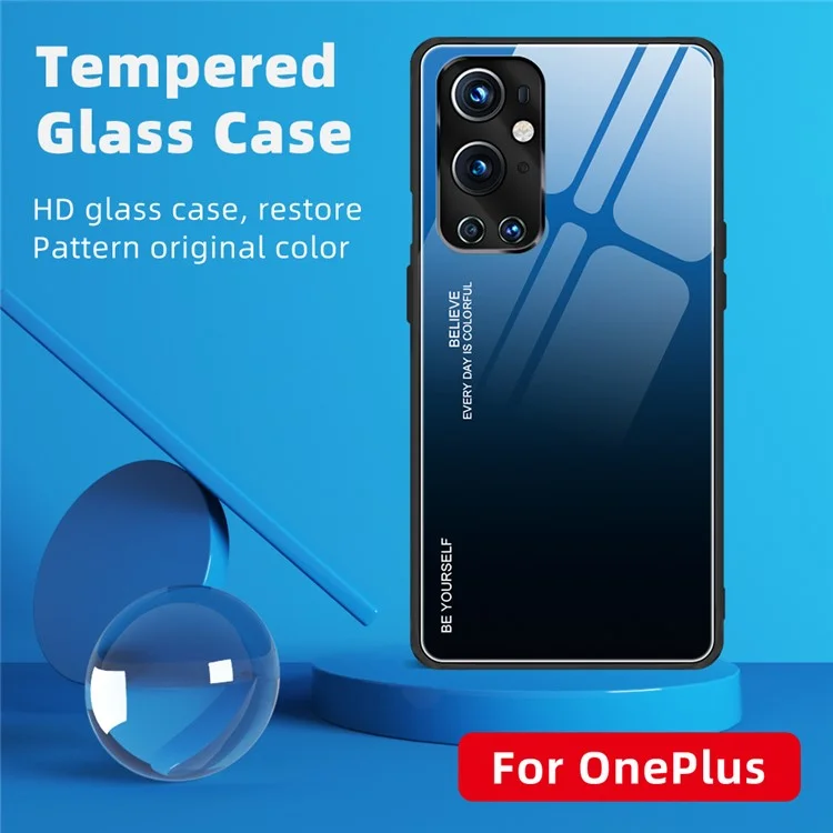 Gradient Tempered Glass Cover TPU Frame Back Case for OnePlus 9 Pro - Blue/Black
