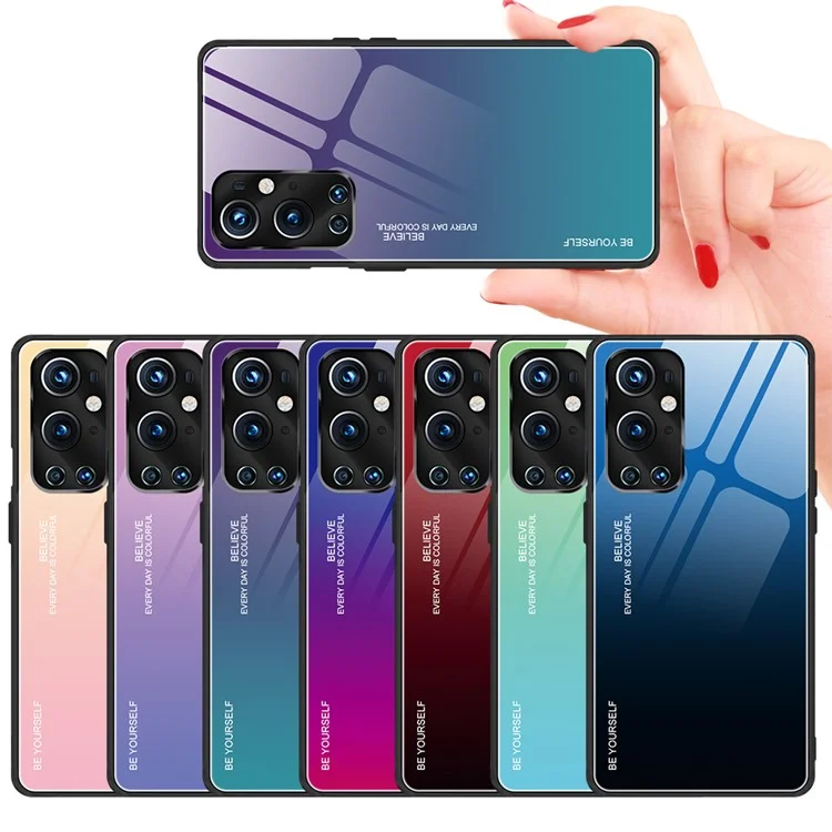 Gradient Tempered Glass Cover TPU Frame Back Case for OnePlus 9 Pro - Blue/Black