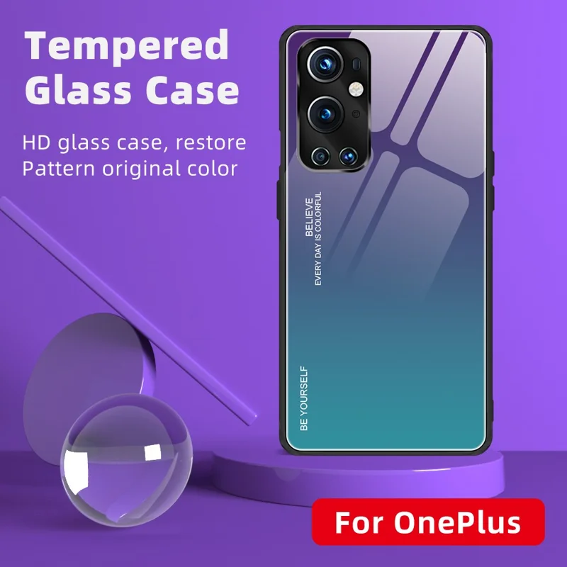 Gradientna obudowa z hartowanego szkła z ramką z TPU, tylna obudowa do OnePlus 9 Pro - fioletowo-niebieska