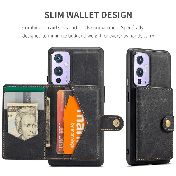 Jeehood Magnetic Wallet Abnehmbare 2-in-1-Design-Lederbeschichteter TPU-Hülle Für OnePlus 9 (EU / US Version) - Schwarz