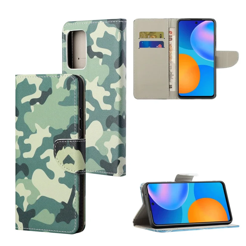 Plånbok med ställfunktion och mönstertryck, korsstruktur, läderskal för OnePlus 9 Pro – Camouflage