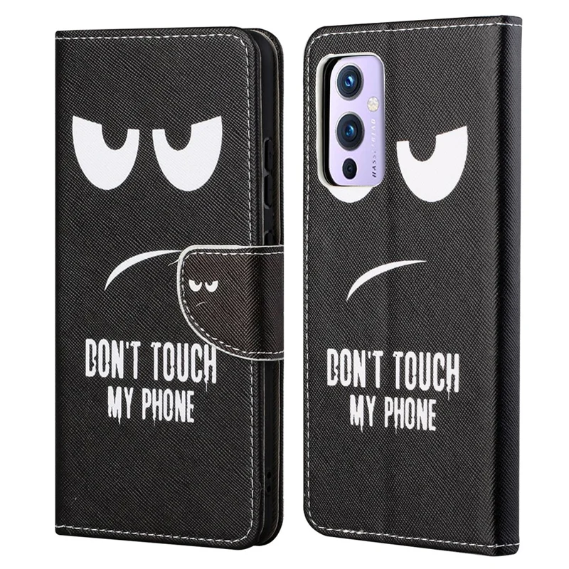 Wallet Stand Design Pattern Printing Cross Texture Leather Case Shell for OnePlus 9 Pro - Don't Touch My Phone