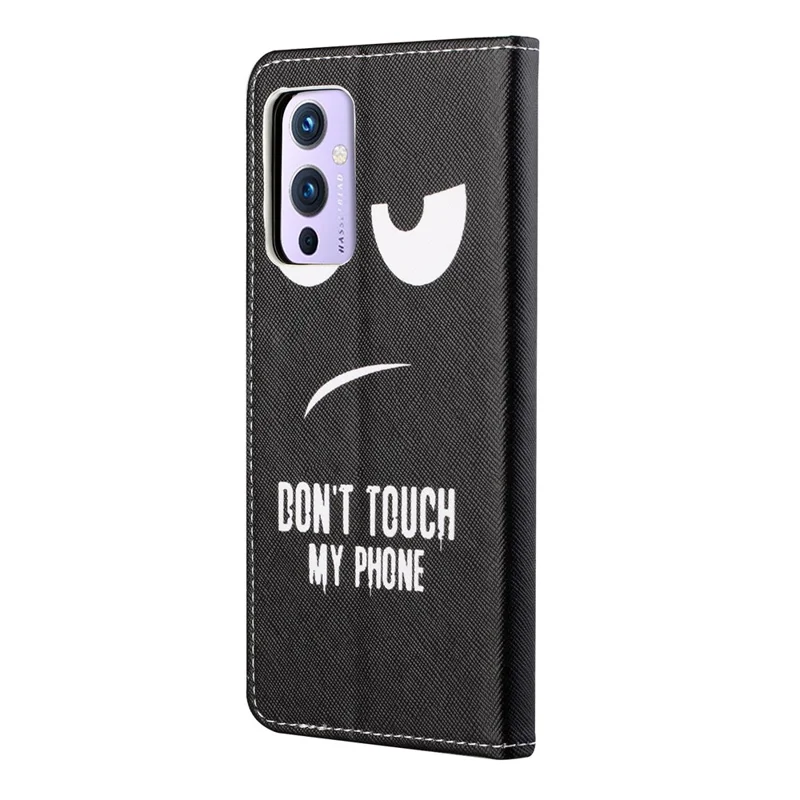 Wallet Stand Design Pattern Printing Cross Texture Leather Case Shell for OnePlus 9 Pro - Don't Touch My Phone
