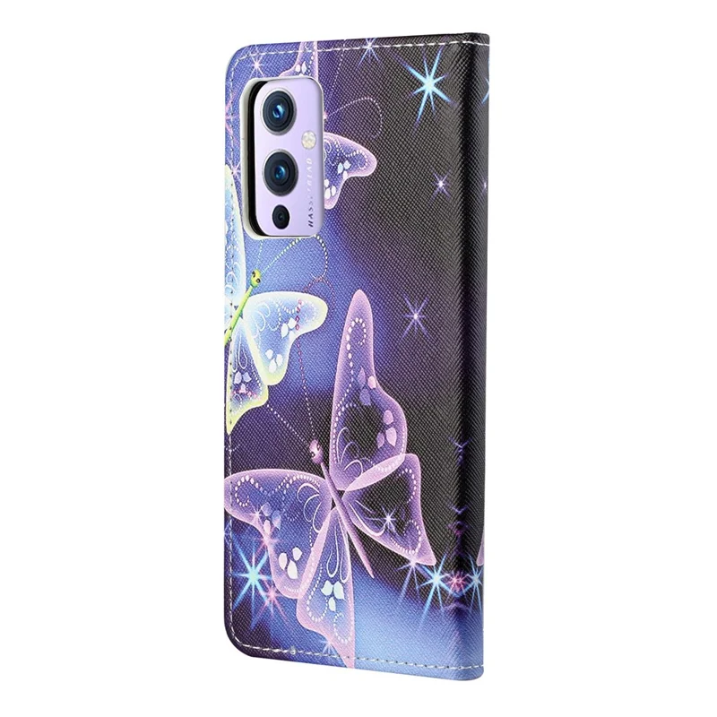 Folia typu portfel z podstawką, wydrukowana skórzana obudowa z krzyżowym fakturą dla OnePlus 9 Pro - Błyszczący Motyl