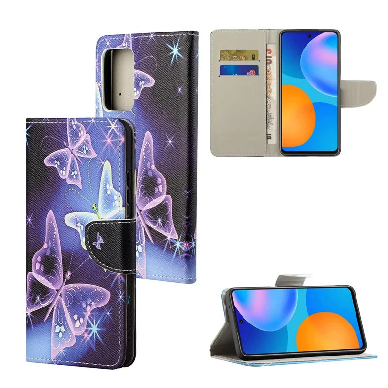Folia typu portfel z podstawką, wydrukowana skórzana obudowa z krzyżowym fakturą dla OnePlus 9 Pro - Błyszczący Motyl