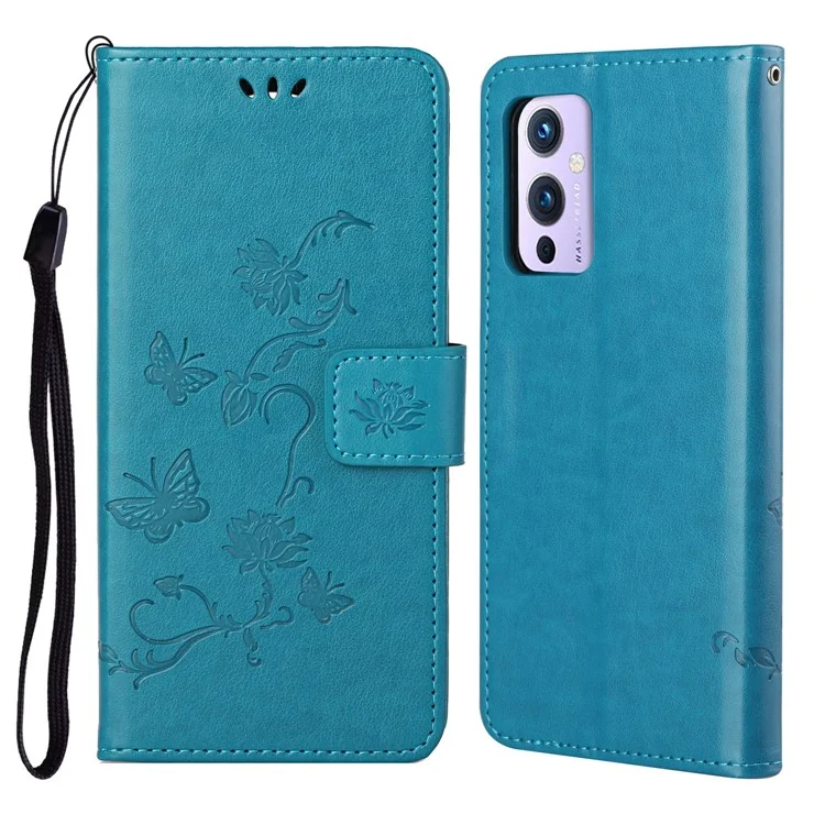 Custodia in pelle Imprint Butterfly Flower Wallet Stand per OnePlus 9 (versione EU / US) - Blu