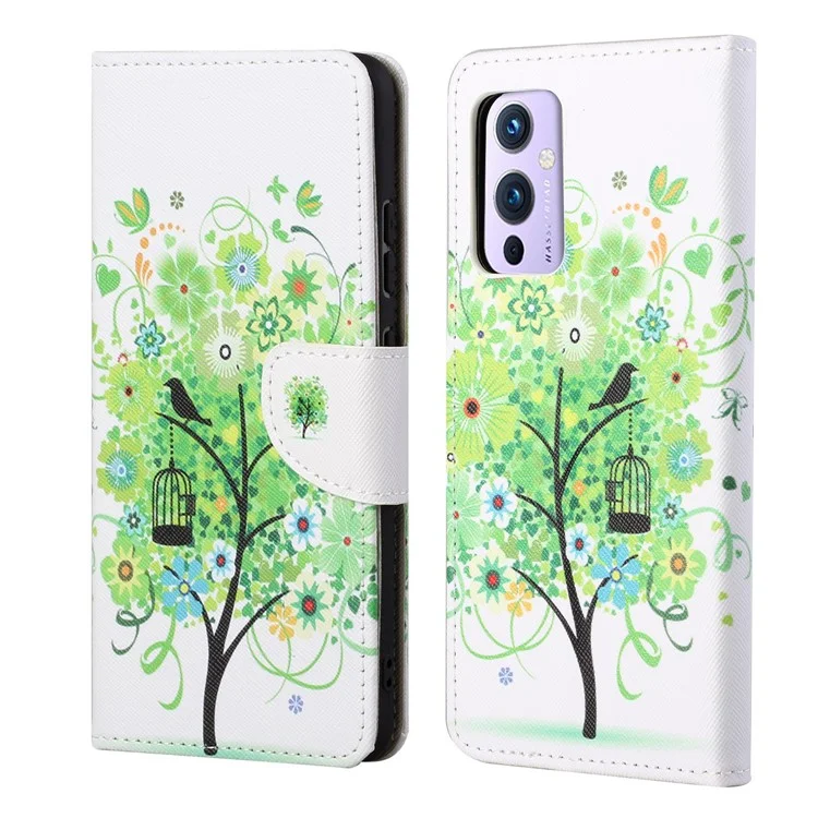 Wallet Stand Design Pattern Printing Cross Texture Leather Case for OnePlus 9 (EU / US Version) - Green Tree