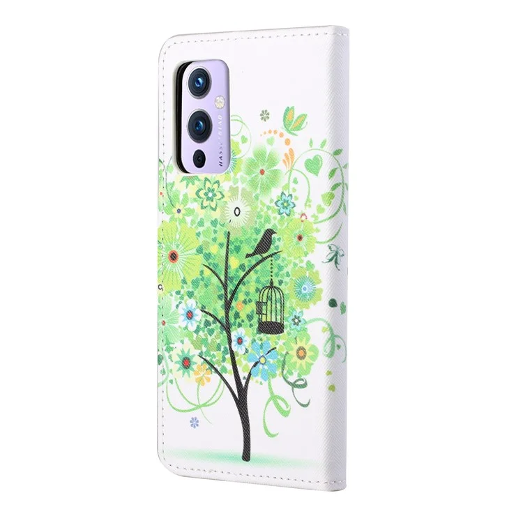 Wallet Stand Design Pattern Printing Cross Texture Leather Case for OnePlus 9 (EU / US Version) - Green Tree