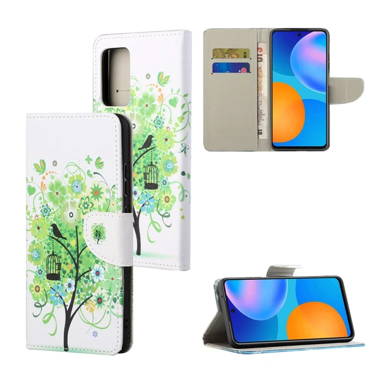 Wallet Stand Design Pattern Printing Cross Texture Leather Case for OnePlus 9 (EU / US Version) - Green Tree