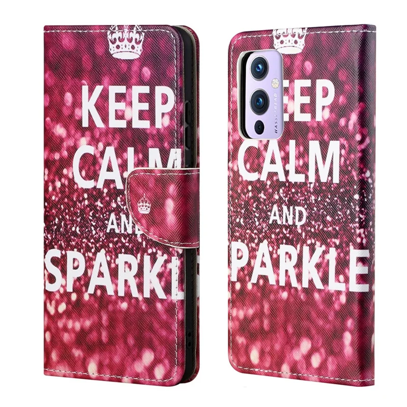 Wallet Stand Design Pattern Printing Cross Texture Leather Case for OnePlus 9 (EU / US Version) - Keep Calm and Sparkle