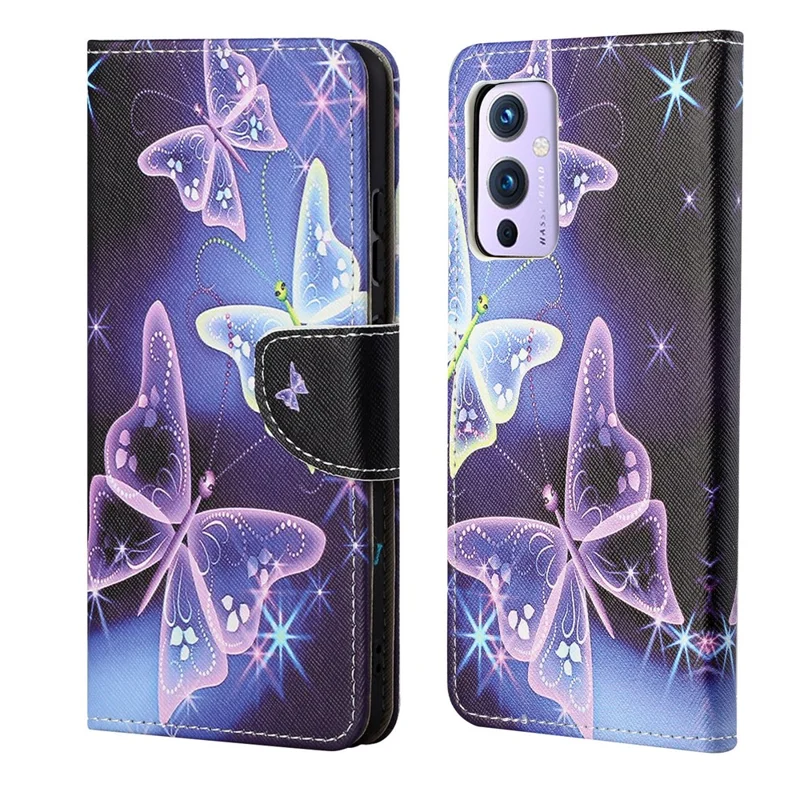 Wallet Stand Design Pattern Printing Cross Texture Leather Case for OnePlus 9 (EU / US Version) - Sparkle Butterfly