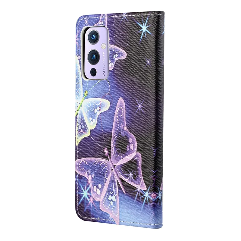 Wallet Stand Design Pattern Printing Cross Texture Leather Case for OnePlus 9 (EU / US Version) - Sparkle Butterfly
