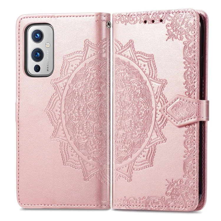 Embossed Mandala Flower PU Leather Case Stand Wallet for OnePlus 9 (EU / US Version) - Rose Gold