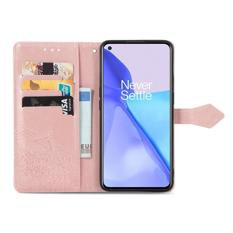 Embossed Mandala Flower PU Leather Case Stand Wallet for OnePlus 9 (EU / US Version) - Rose Gold