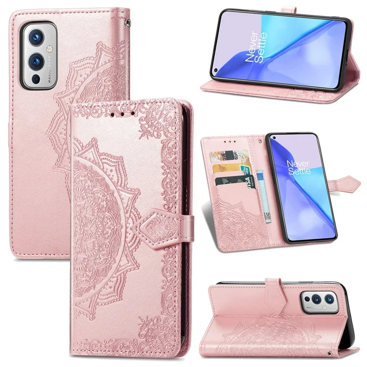 Portafoglio di Mandati in Pelle di Fiore Mandala in Rilievo Per OnePlus 9 (ue / Versione Americana) - Oro Rosa