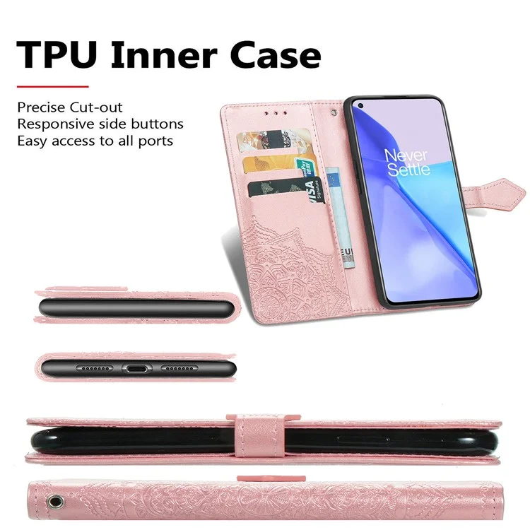 Embossed Mandala Flower PU Leather Case Stand Wallet for OnePlus 9 (EU / US Version) - Rose Gold