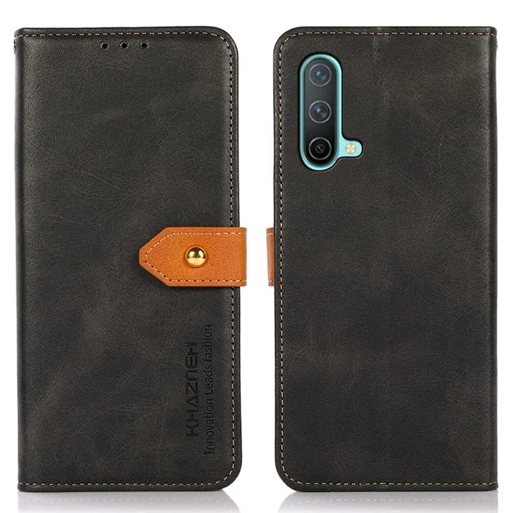 KHAZNEH Golden Magnetic Clasp Dual Color Leather Phone Case with Stand Wallet for OnePlus Nord CE 5G - Black