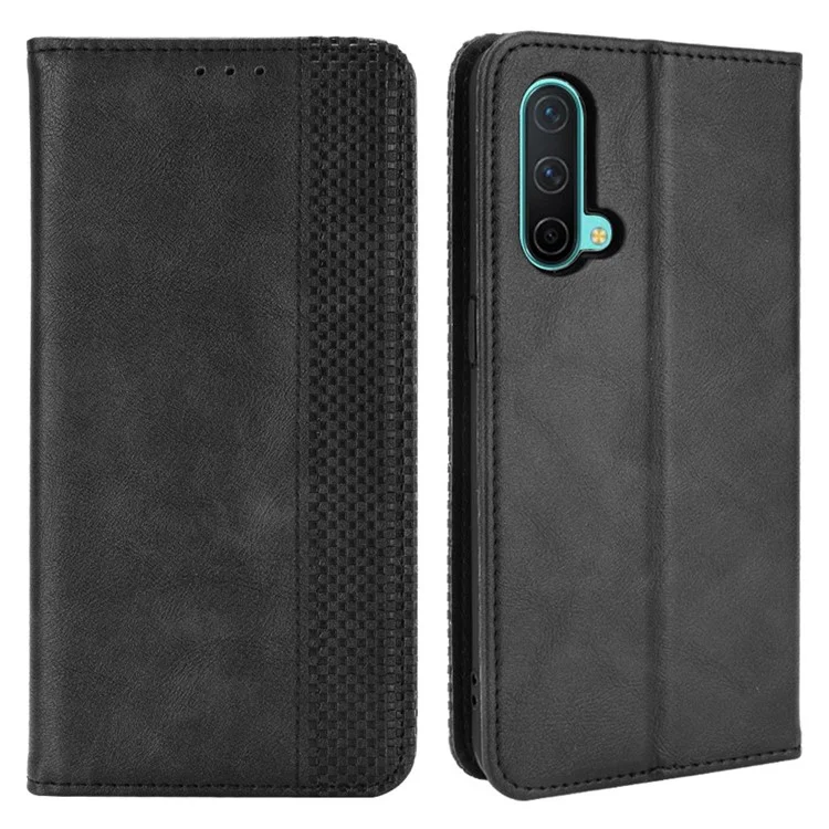 Full Protection Shockproof Vintage PU Leather Magnetic Closure Wallet Stand Case for OnePlus Nord CE 5G - Black