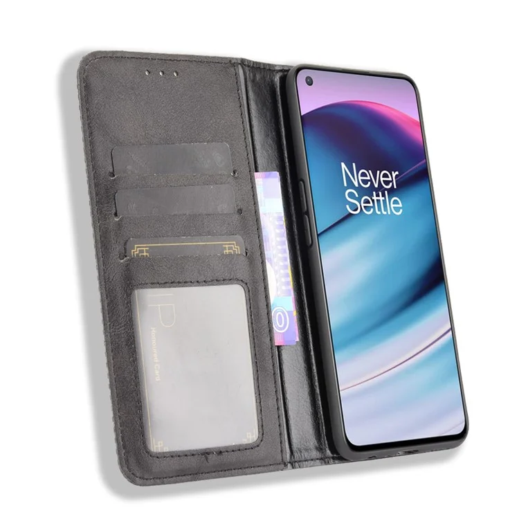 Full Protection Shockproof Vintage PU Leather Magnetic Closure Wallet Stand Case for OnePlus Nord CE 5G - Black