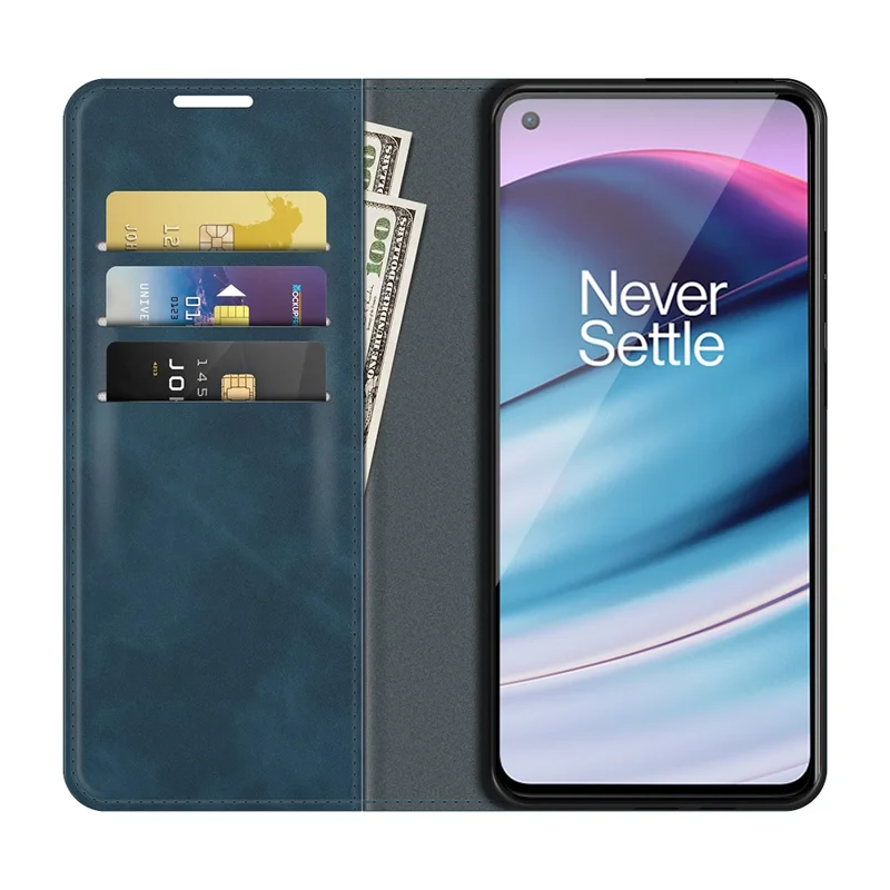 Skin-touch Auto-absorbed Wallet Leather Case with Stand for OnePlus Nord CE 5G - Blue